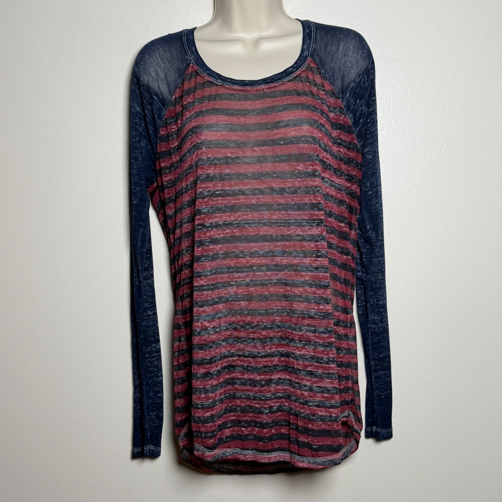 Threads 4 Thought Women Cotton Top Medium Blue Red Striped Raglan Earthy Indie